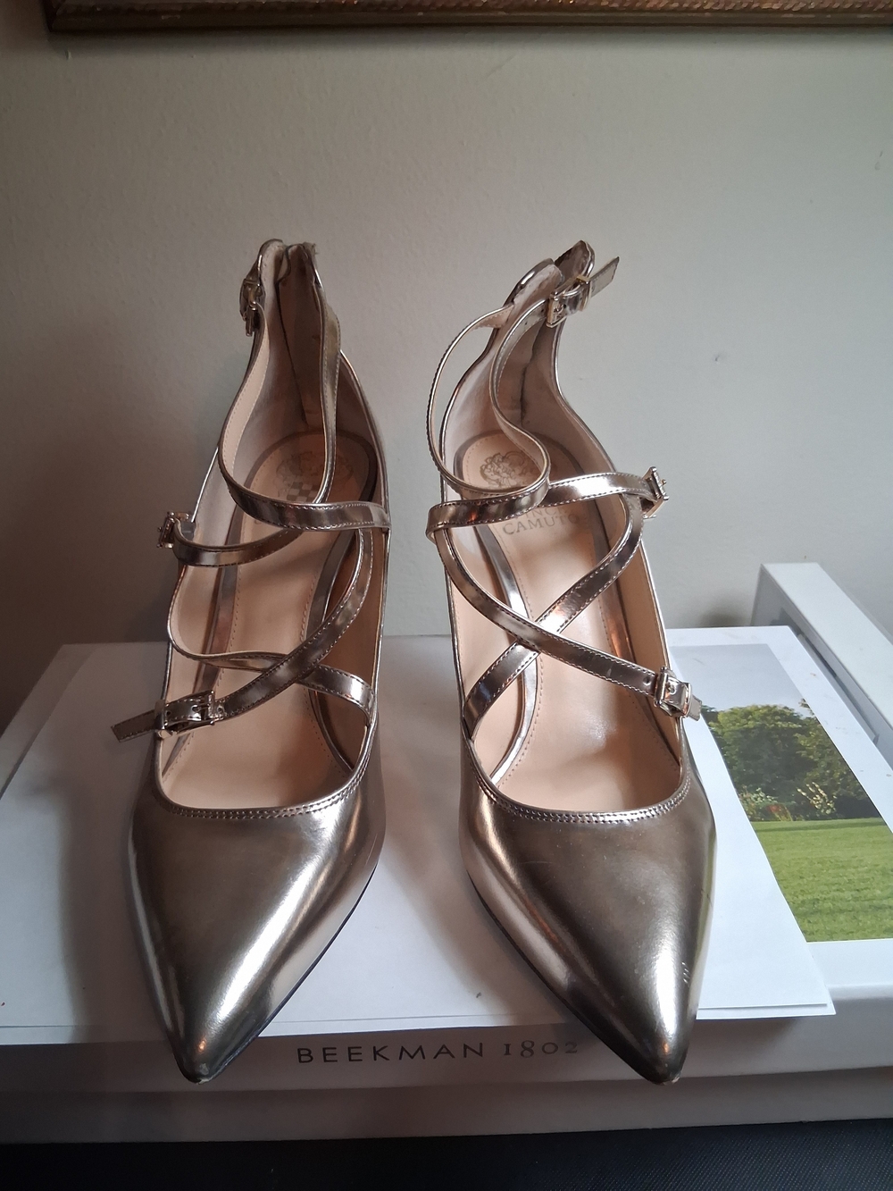 Vincent Camuto Metallic Strappy Pointed-Toe Pumps Gold